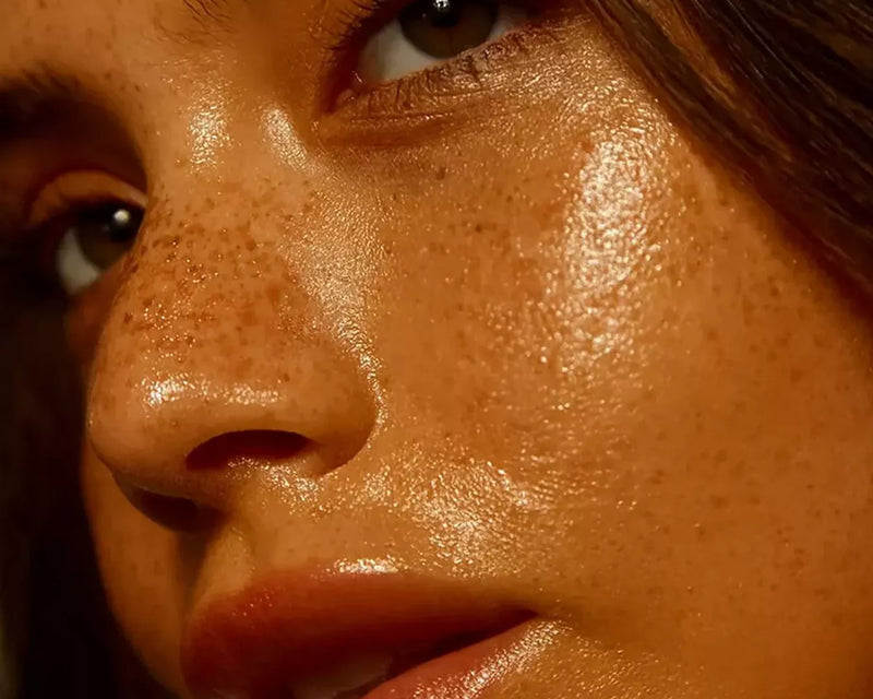 Close-up of a woman's face with warm-toned glowing skin and freckles
