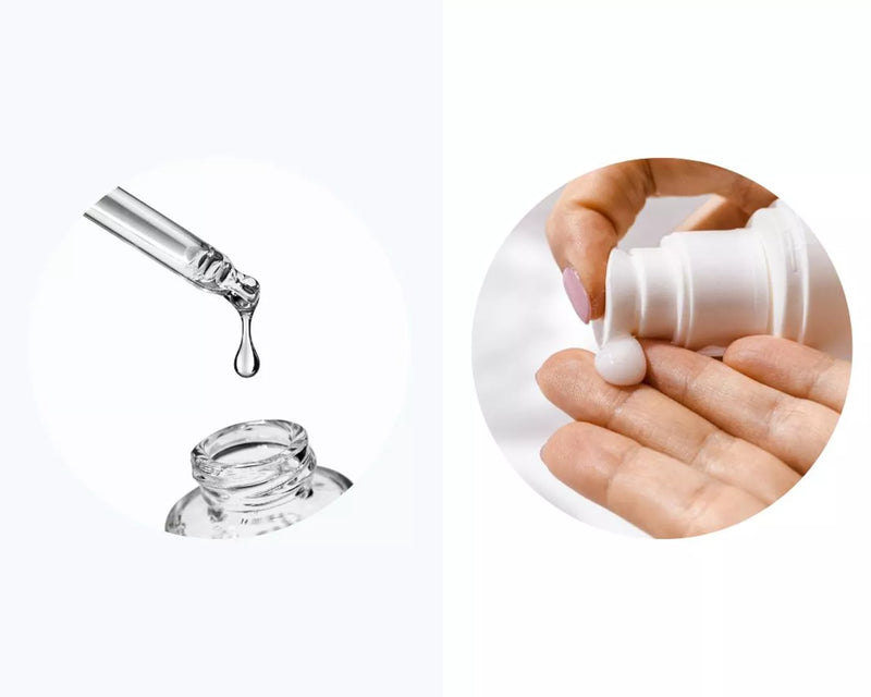 Glass dropper beside a hand holding a white skincare bottle dispensing cream into palm