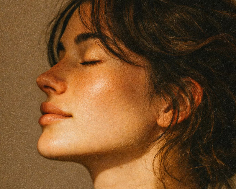 Side profile of a woman with eyes closed and glowing skin in warm golden light